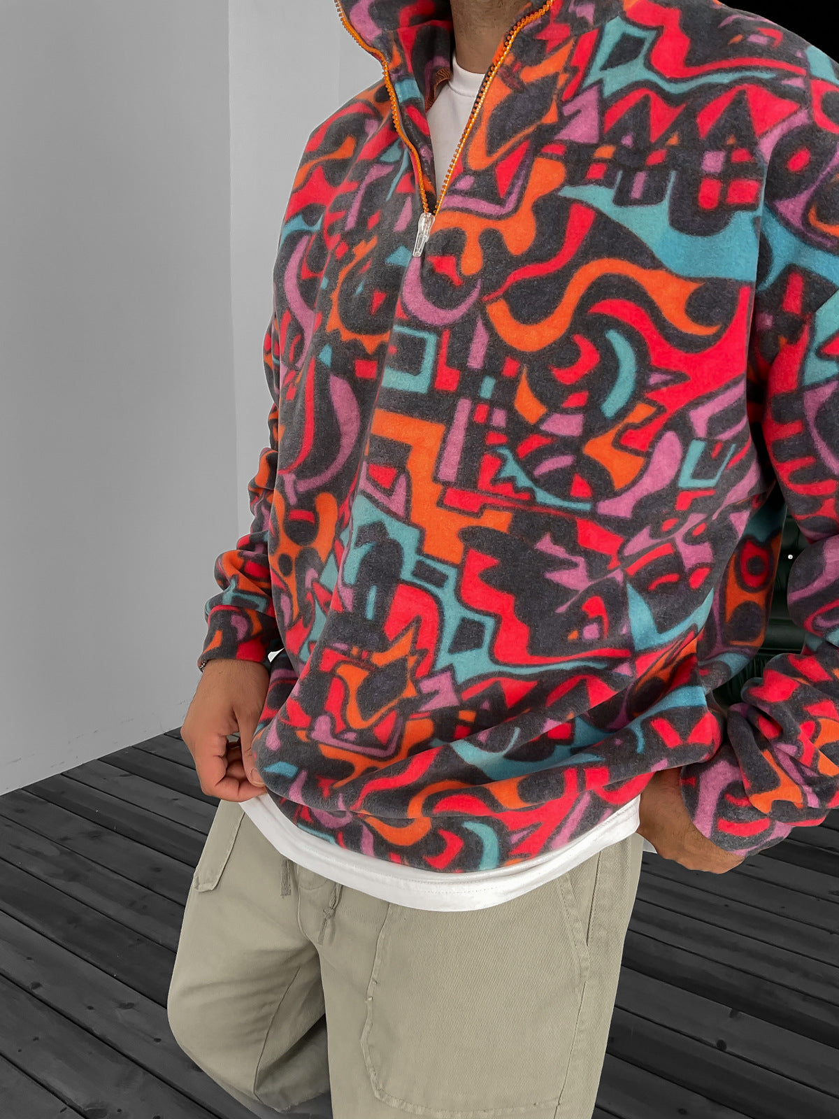 Halv lynlås fleecetrøje i blå og rød