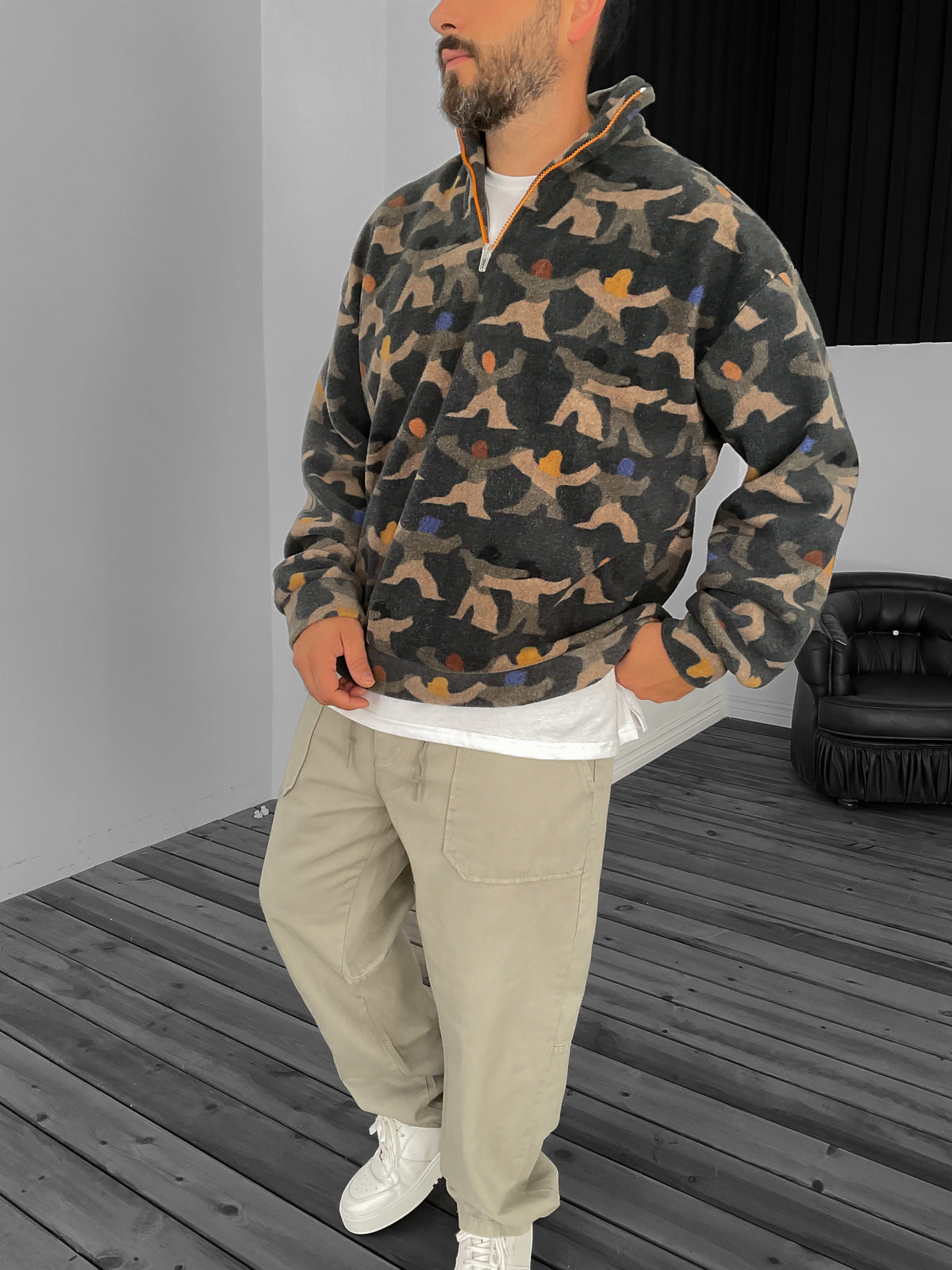 Halv lynlås fleecetrøje i mørk olivengrøn