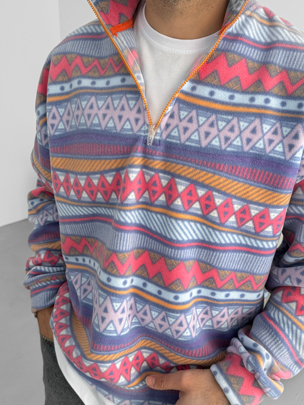 Halv lynlås fleecetrøje i lyseblå og rød