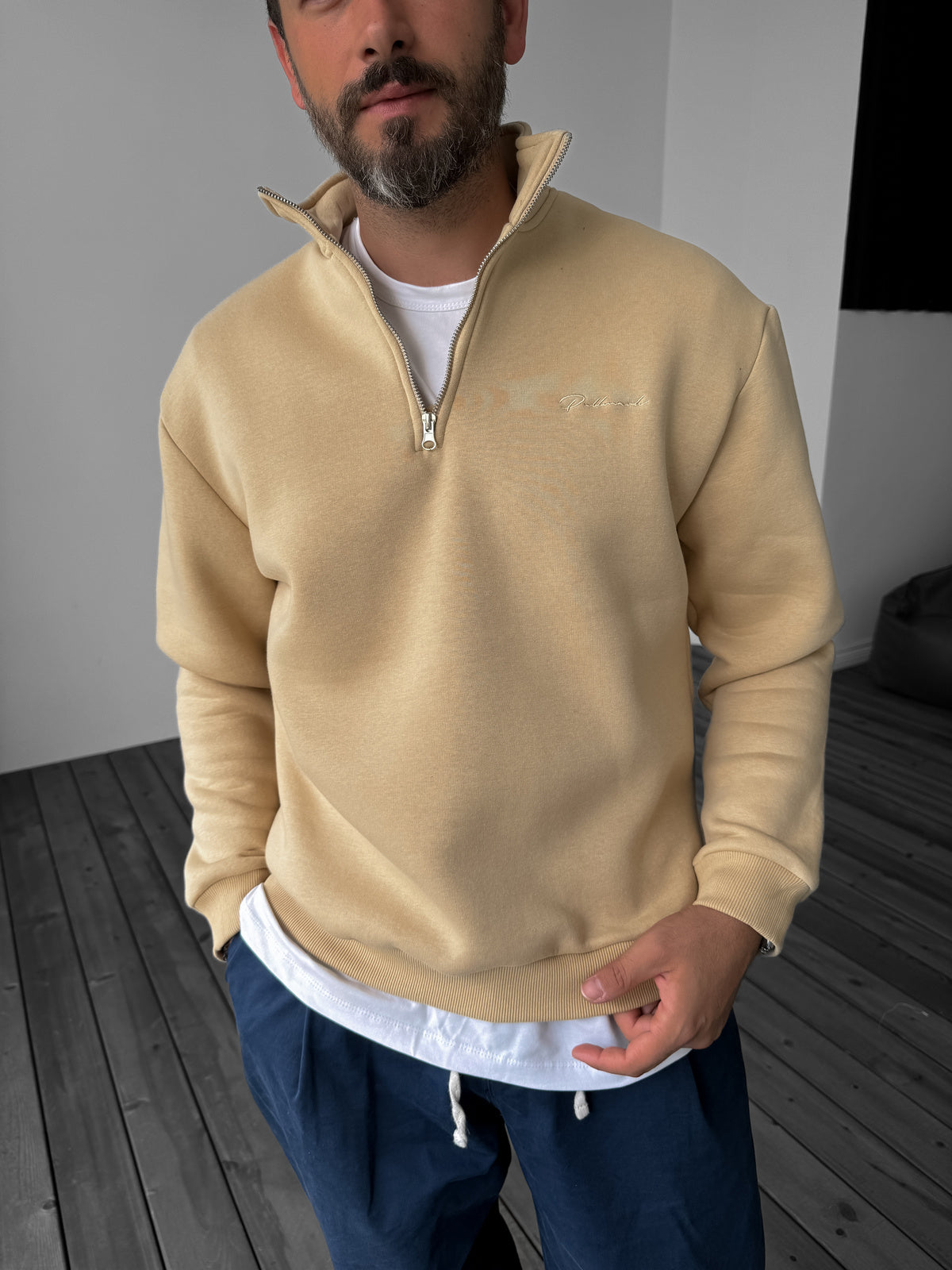 Basic sweatshirt med lynlås regular fit i beige
