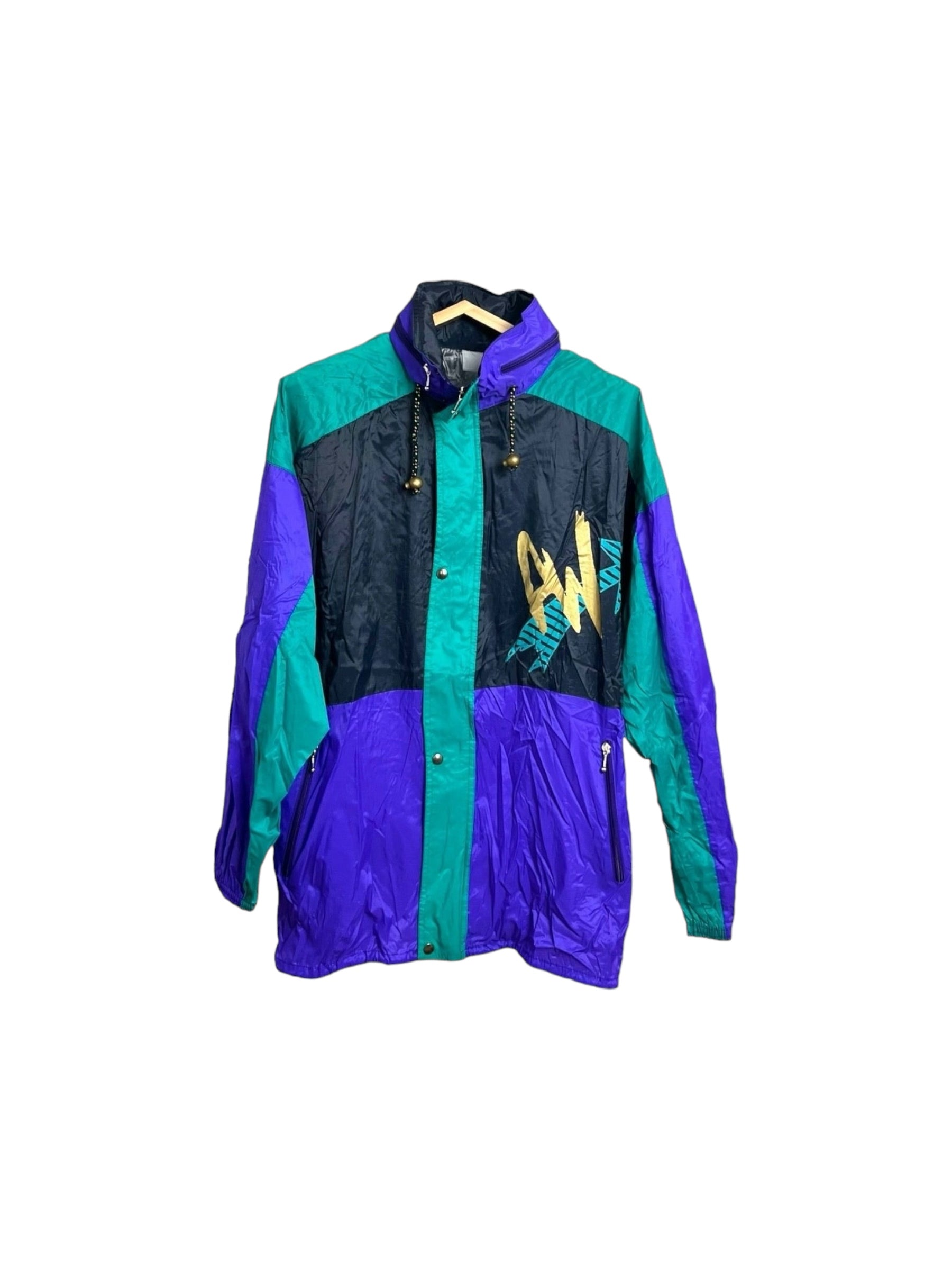Vintage 80s farverig regnjakke med foldbar hætte